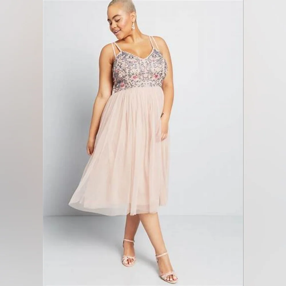 Modcloth Dresses | Nwot, Modcloth Embellished Belle Embroidered Dress | Color: Blue/Pink | Size: Xxs | Rik918's Closet